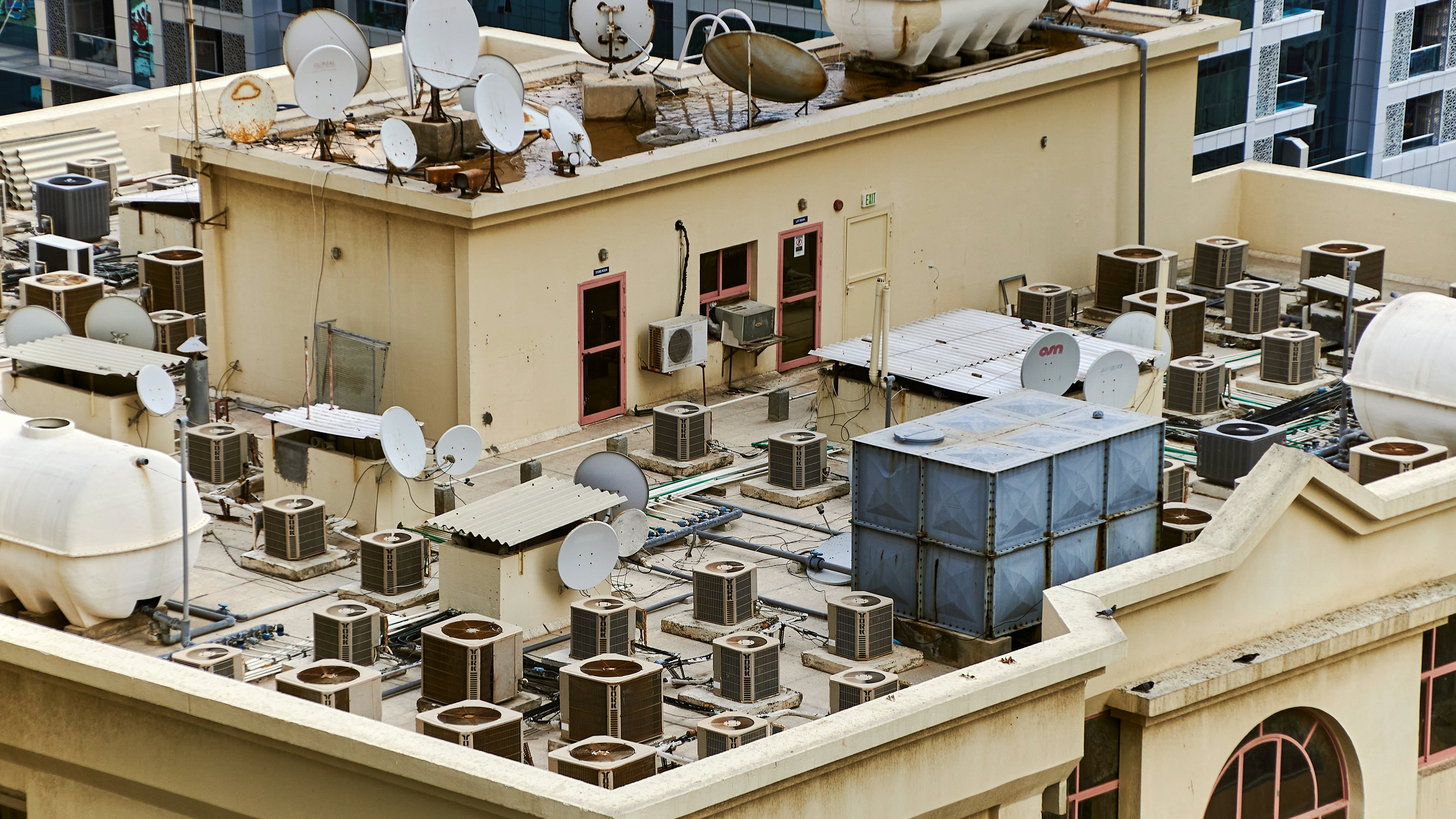 Rooftop plant and building services equipment on a commercial building