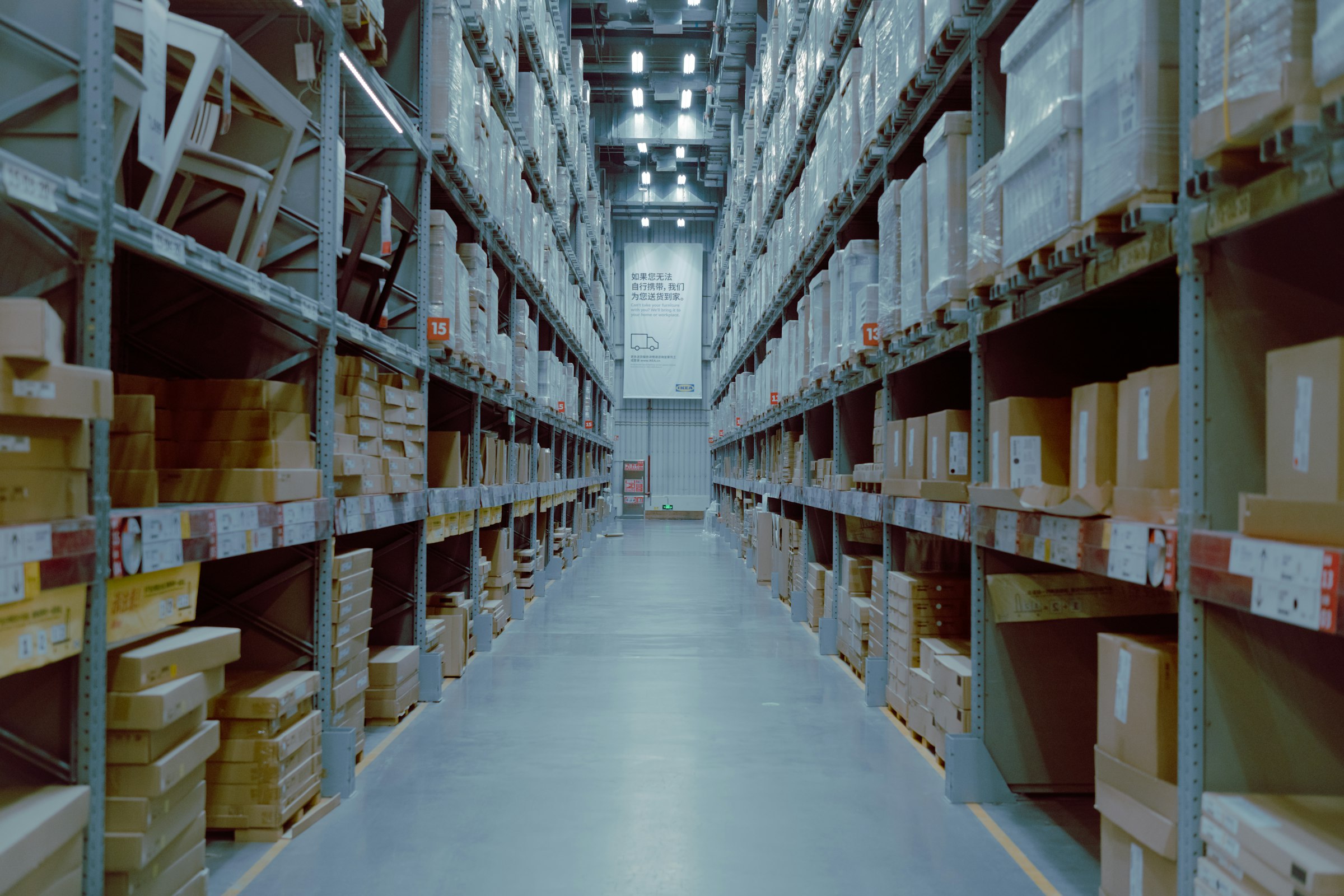 Racking in a large spare parts warehouse.